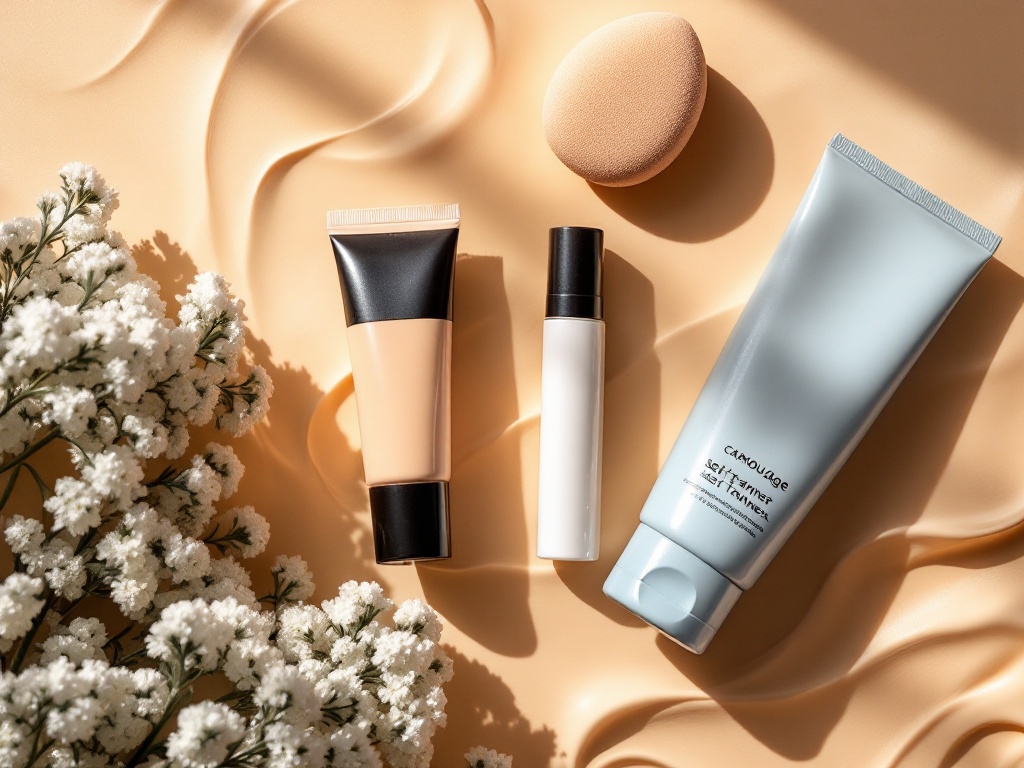 Camouflage makeup, a self-tanner, and a sponge arranged on a warm cream surface