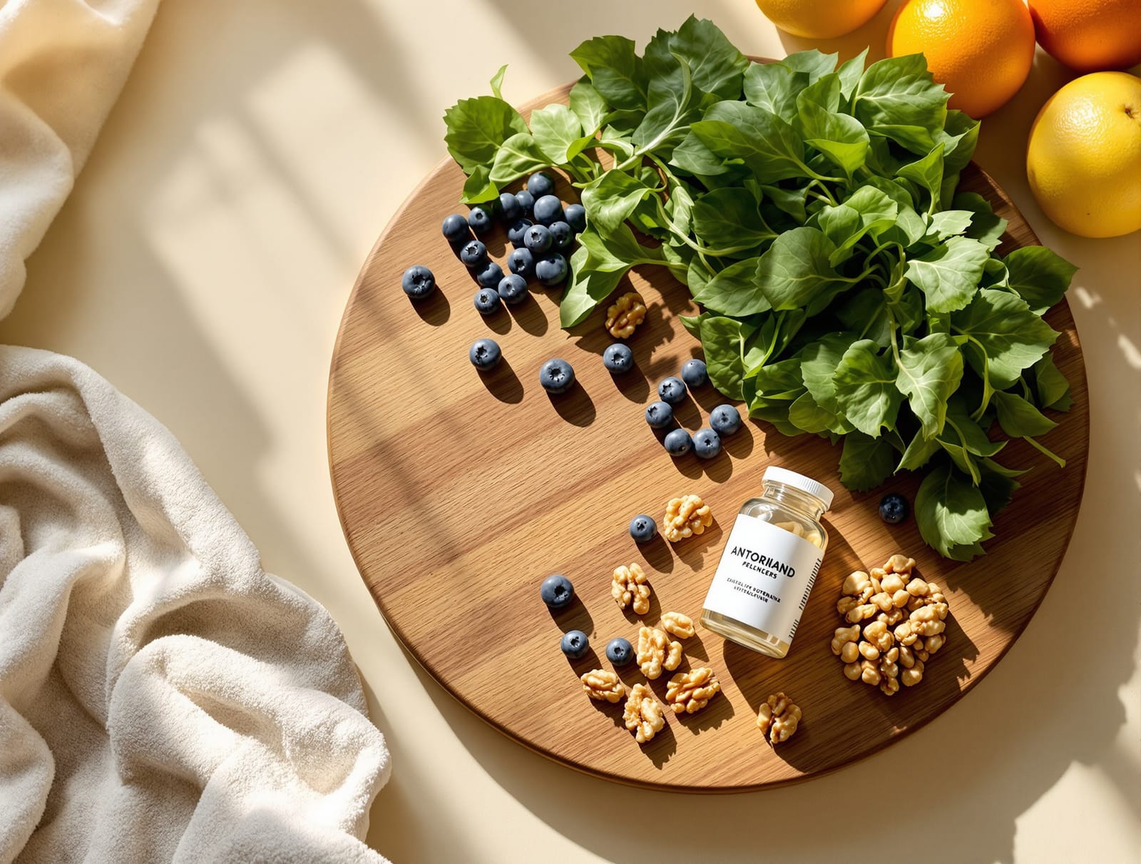 An overhead view of leafy greens, blueberries, citrus, and walnuts beside a small bottle of supplement capsules on a warm cream surface