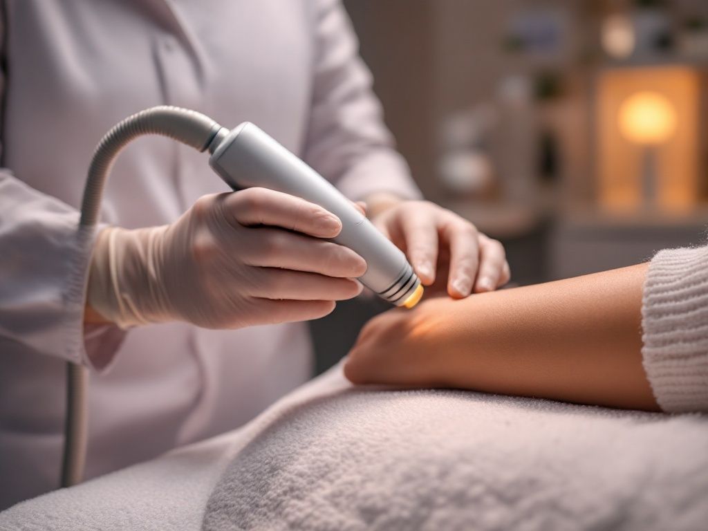 A dermatologist preparing a cosmetic laser handpiece beside a patient's forearm in a modern clinic room
