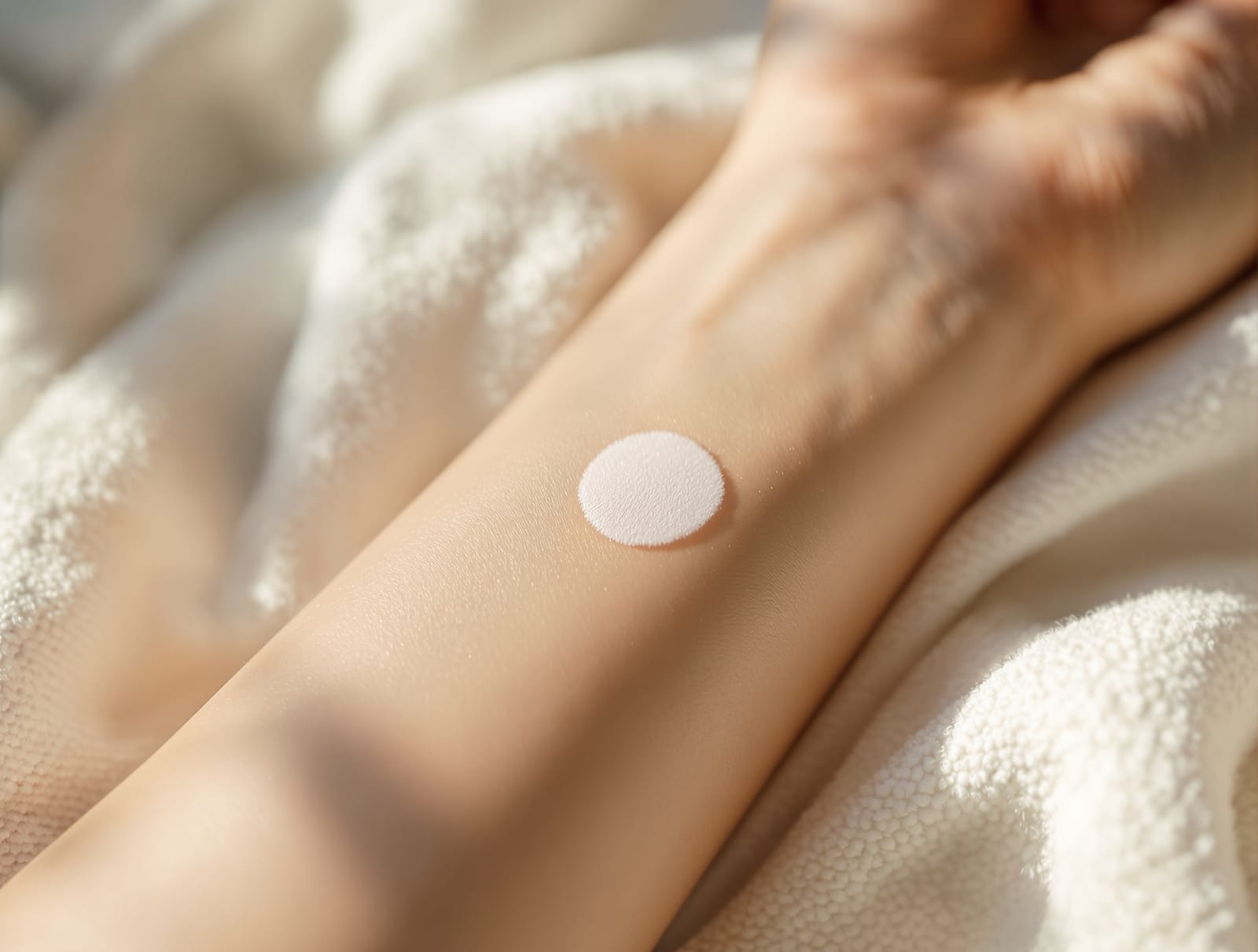 A small pale patch of skin on a young forearm resting on a soft cotton blanket in gentle daylight