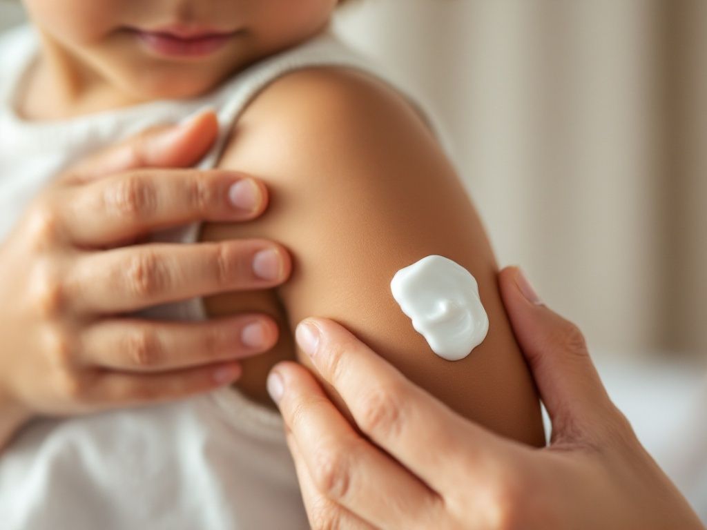A parent's hand smoothing moisturizer onto a child's upper arm with faint pale patches in soft daylight