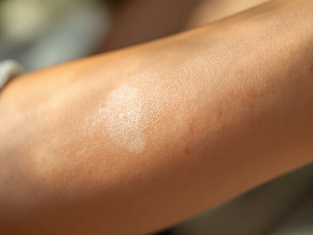 A pale patch of healed skin on an inner arm where inflammation has resolved