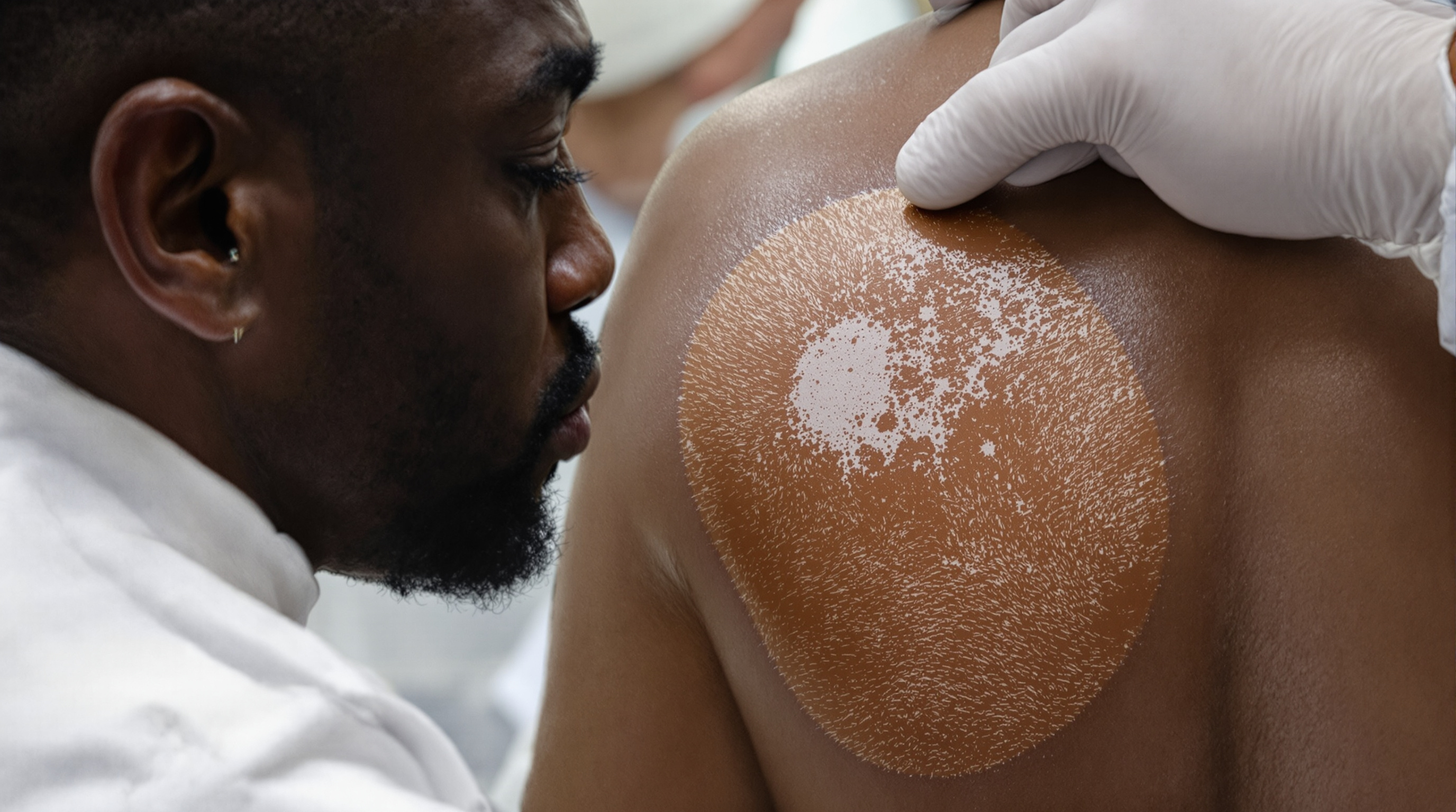 Close natural daylight photograph of an adult forearm resting on a plain surface showing pale depigmented patches with surrounding normal skin.