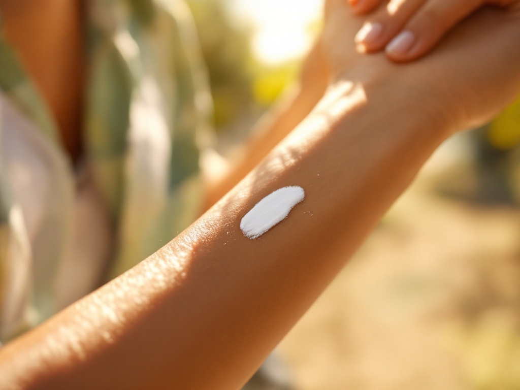A person smoothing broad-spectrum sunscreen onto a forearm in golden sunlight