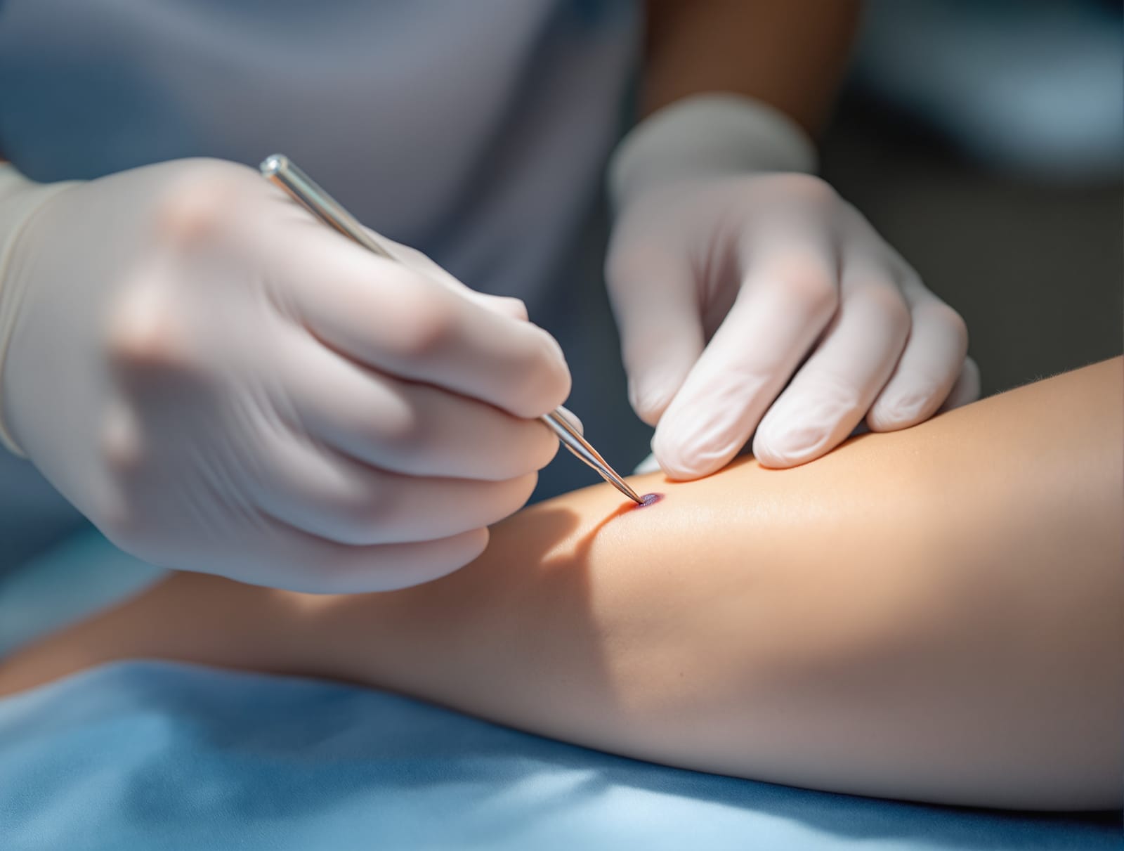 A gloved dermatologist's hands preparing a small skin graft under bright clinic light on a stable vitiligo patch