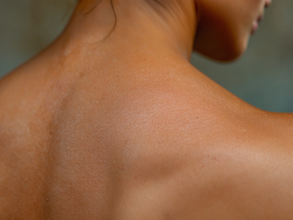 Faint scaly lighter patches across an upper back and shoulder