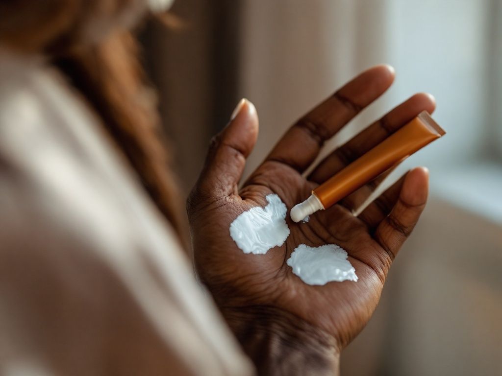A person with deep brown skin applying prescription cream to vitiligo patches on the back of their hand in warm window light