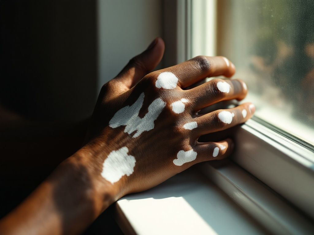 A contemplative person with vitiligo on their hands resting them together by a bright window