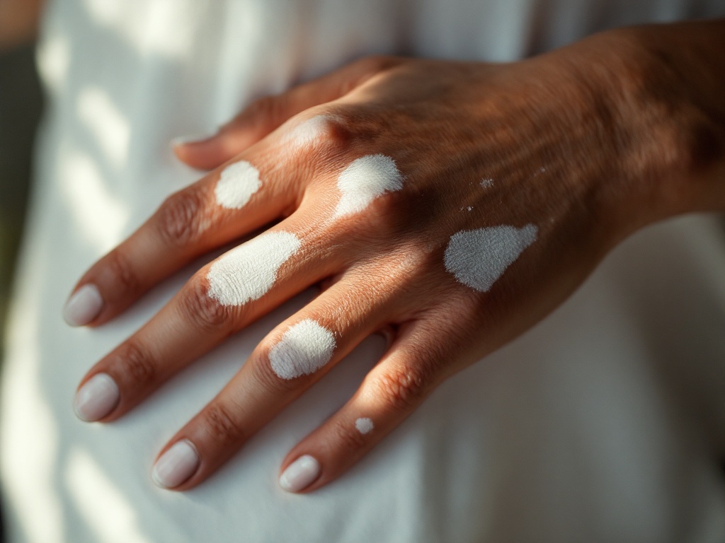 The back of an adult hand with well-defined white vitiligo patches in soft daylight