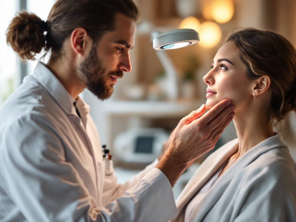 A dermatologist examining a patient's skin with a handheld lamp